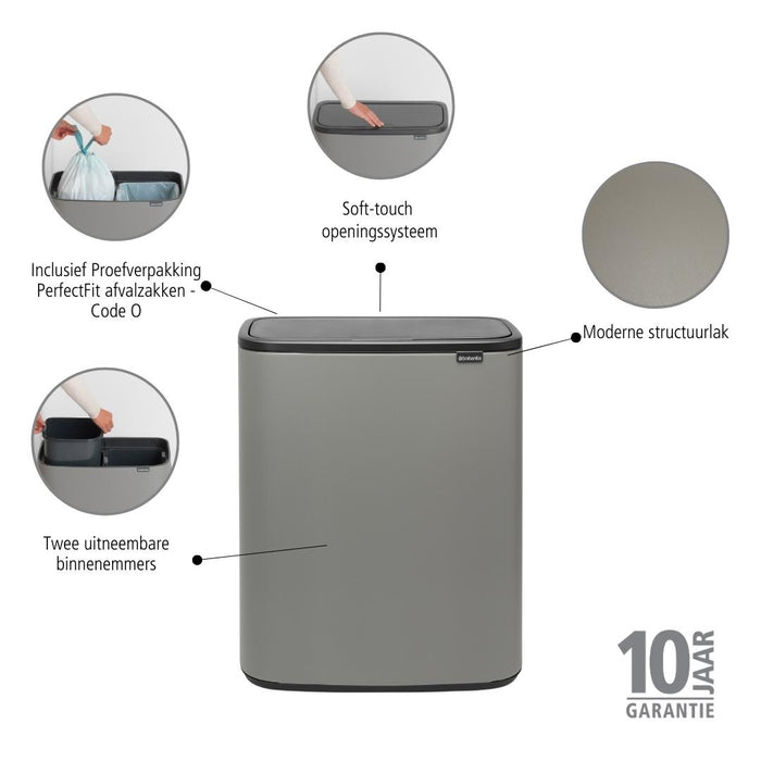 Brabantia Bo Touch Bin Afvalemmer 2 x 30 L - Mineral Concrete Grey