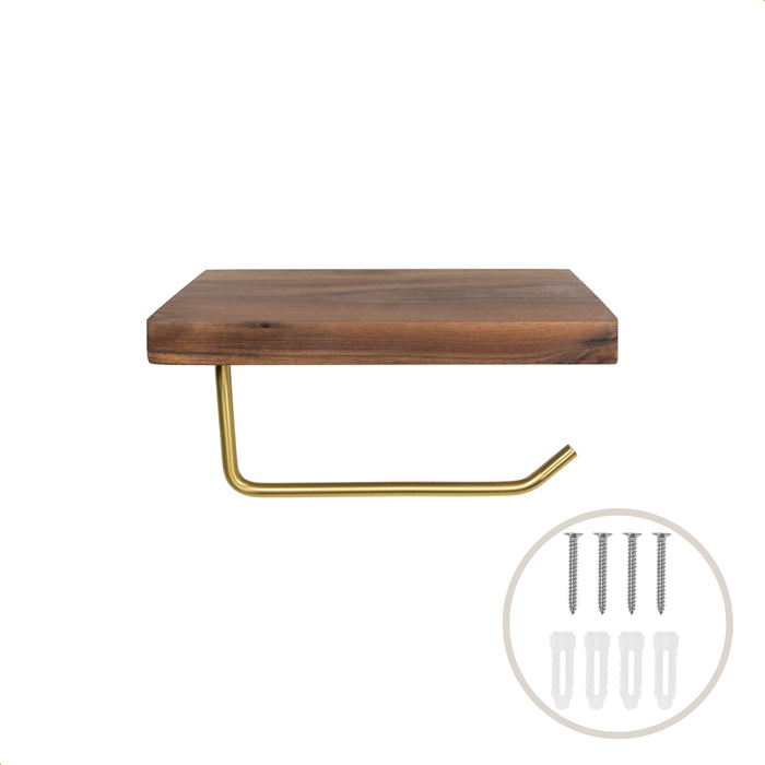 QUVIO Toiletrolhouder metaal met telefoon plank - Donker hout + goud