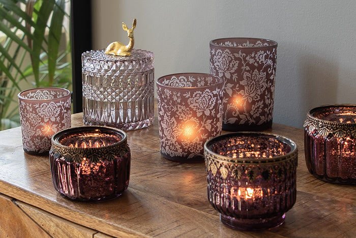 Clayre & Eef Theelichthouder Set van 3 Bruin Wit Glas Bloemen