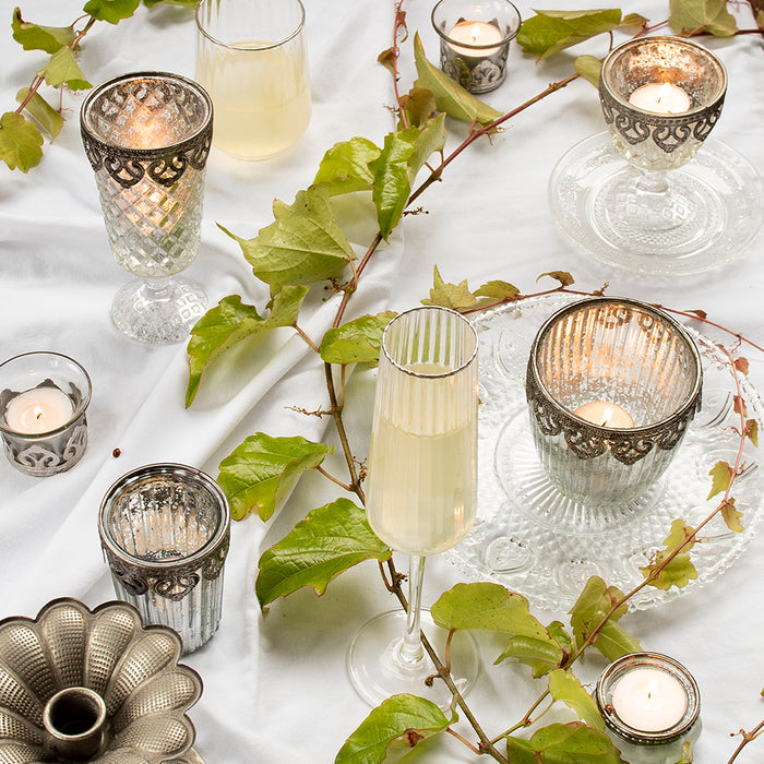 Clayre & Eef Theelichthouder Ø 8x16 cm Zilverkleurig Glas Metaal