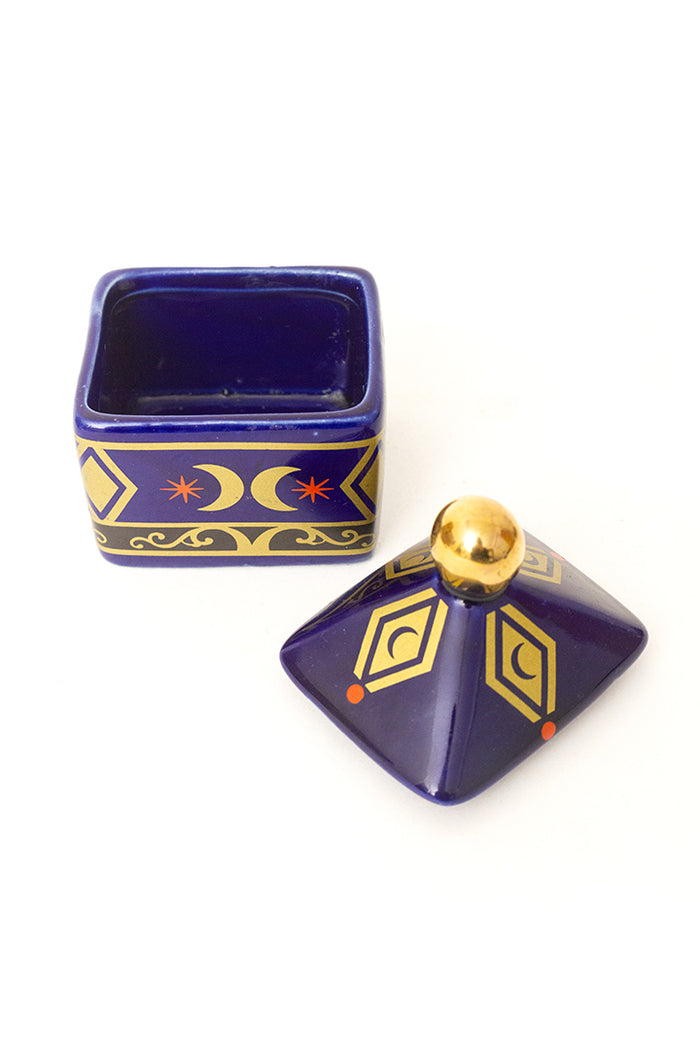 Reliving Blauw Potje Van Keramiek Met Print Van Goudkleurige Manen -