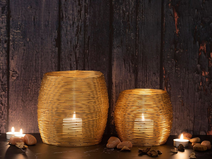 SVJ Windlichten Rond - 15 x 15 x 18 cm - Metaal - Goud - Set van 2