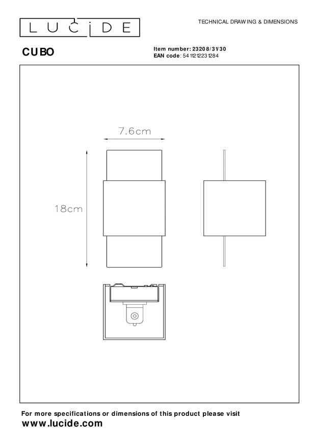 Lucide CUBO Wandlamp - Zwart