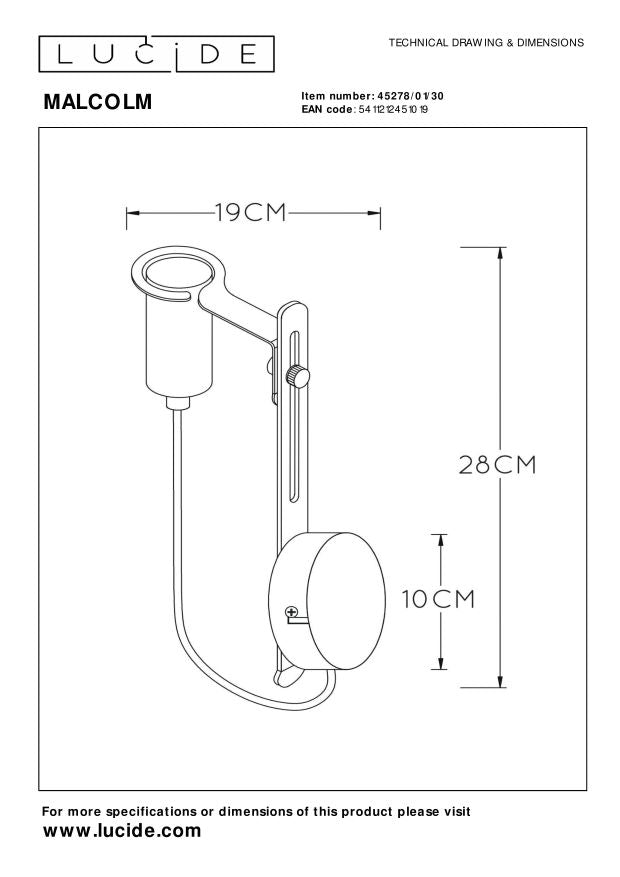 Lucide MALCOLM Wandlamp 1xE27 - Zwart