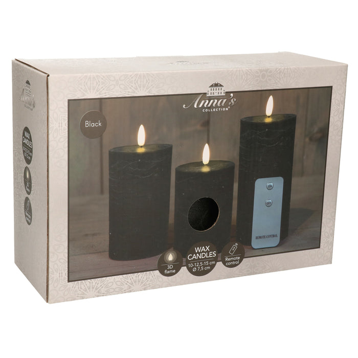 Anna's Collection LED Stompkaarsen -afstandsbediening -3x - zwart