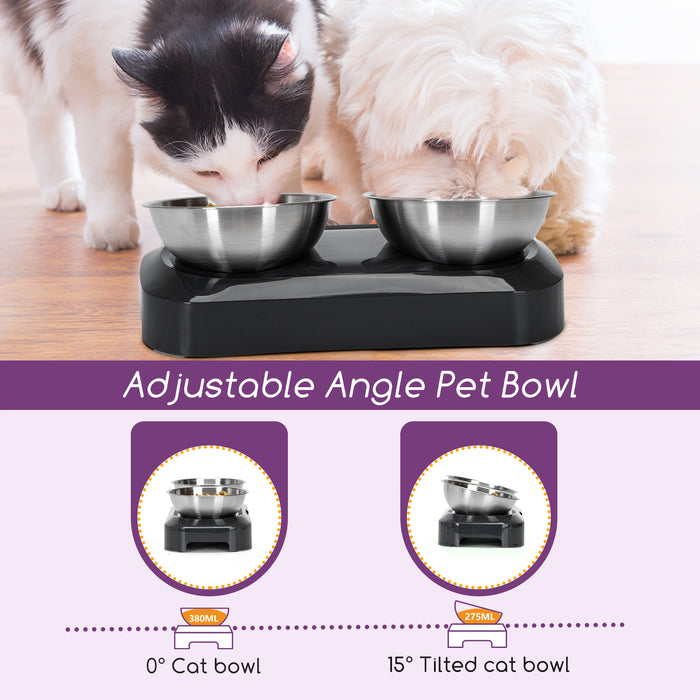 Nobleza Katten voerbakjes - ergonomische dubbele voerbak- Zwart- RVS