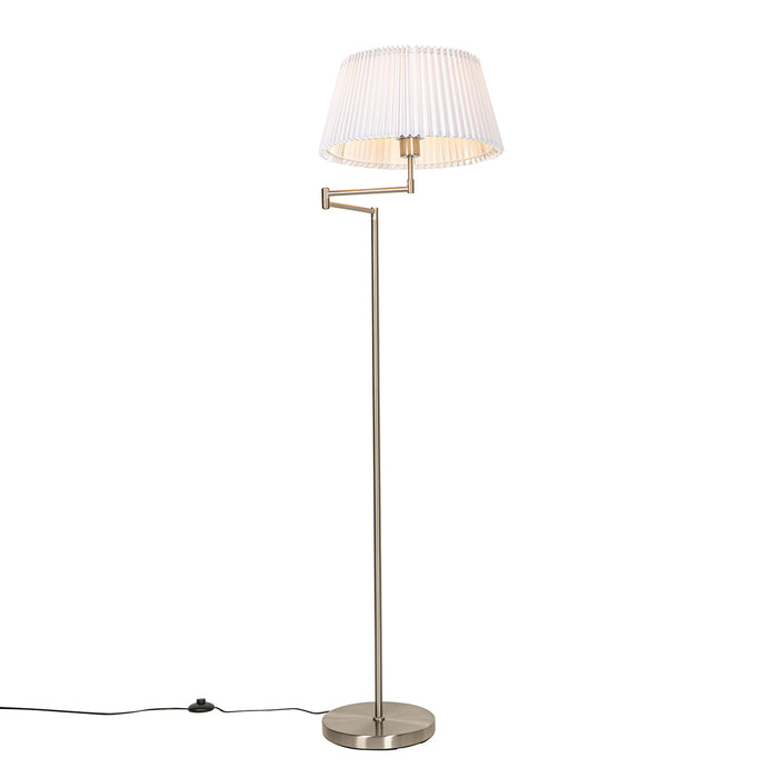 QAZQA Vloerlamp staal met witte plisse kap en verstelbare arm - Ladas