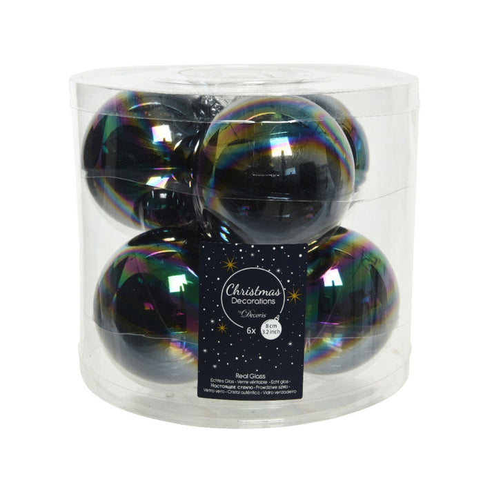 Decoris Kerstballen - 6 stuks - glas - zwart parelmoer - 8 cm