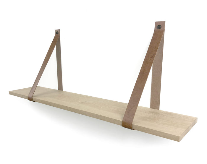 Woodbrothers Eiken 18mm wandplank recht 110x20cm + leren riem cognac