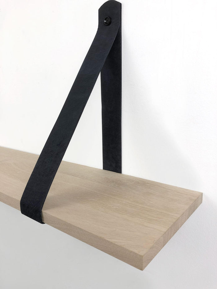 Woodbrothers Eiken 18mm wandplank recht 150x30cm + leren riem zwart