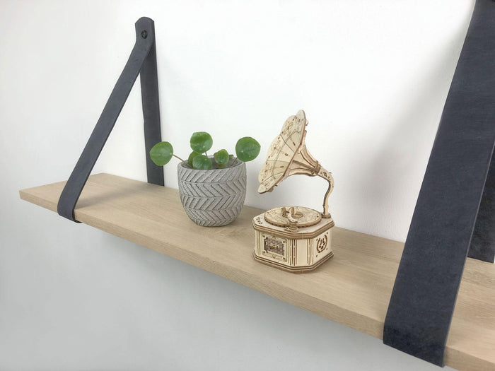 Woodbrothers Eiken 18mm wandplank recht 150x20cm + leren riem grijs