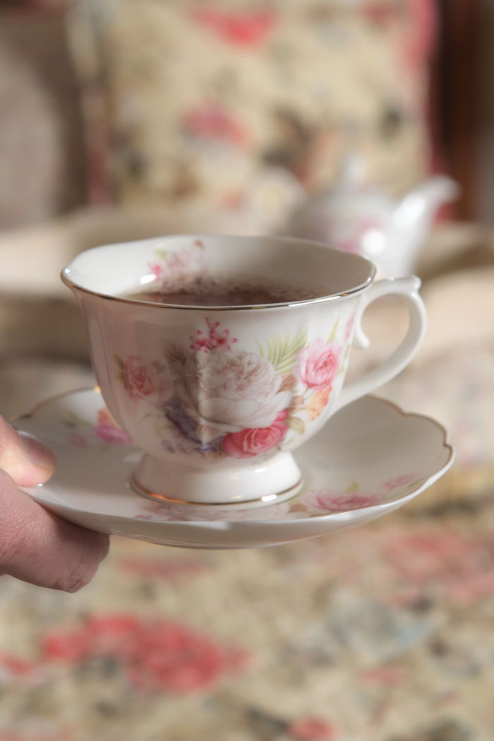 Clayre & Eef Kop en schotel 250 ml Roze Wit Porselein Rond Bloemen