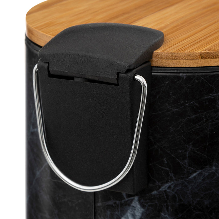 5Five Prullenbak|pedaalemmer Marmer look - zwart - 3L - metaal|bamboe