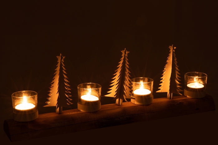 T-lichthouder | Hout | Wit - Naturel | 48x7x (h)17 Cm