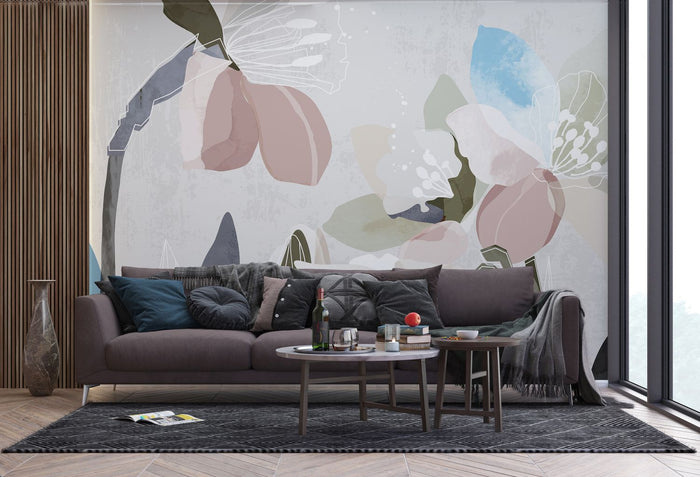 Sanders & Sanders fotobehang bloemmotief grijs, roze en blauw - 3,75 x