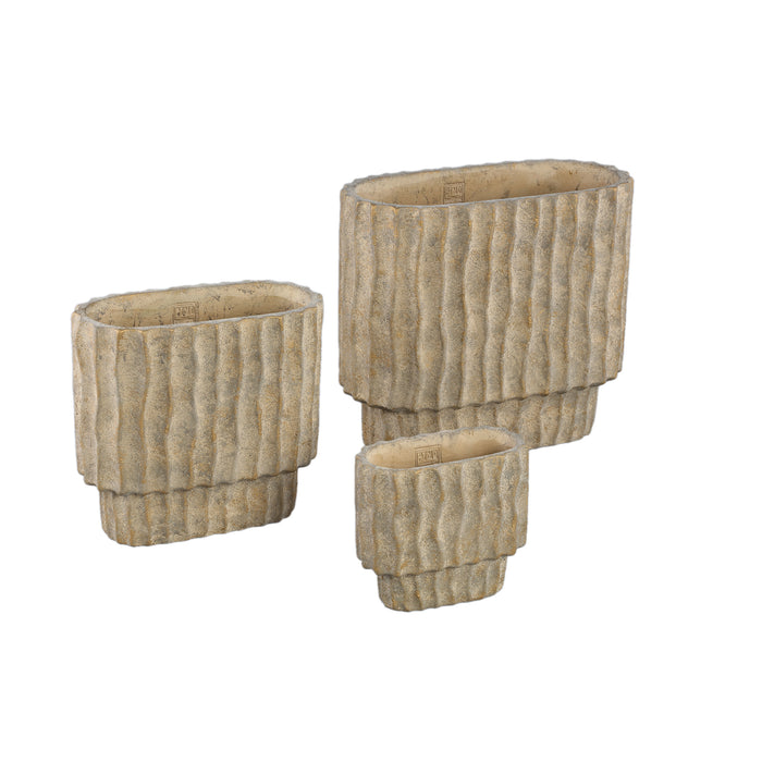 PTMD Mitty Brown cement pot wavy ribs oval shape M