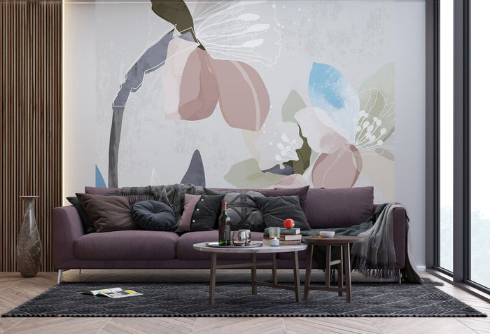 Sanders & Sanders fotobehang bloemmotief grijs, roze en blauw - 3 x 2,