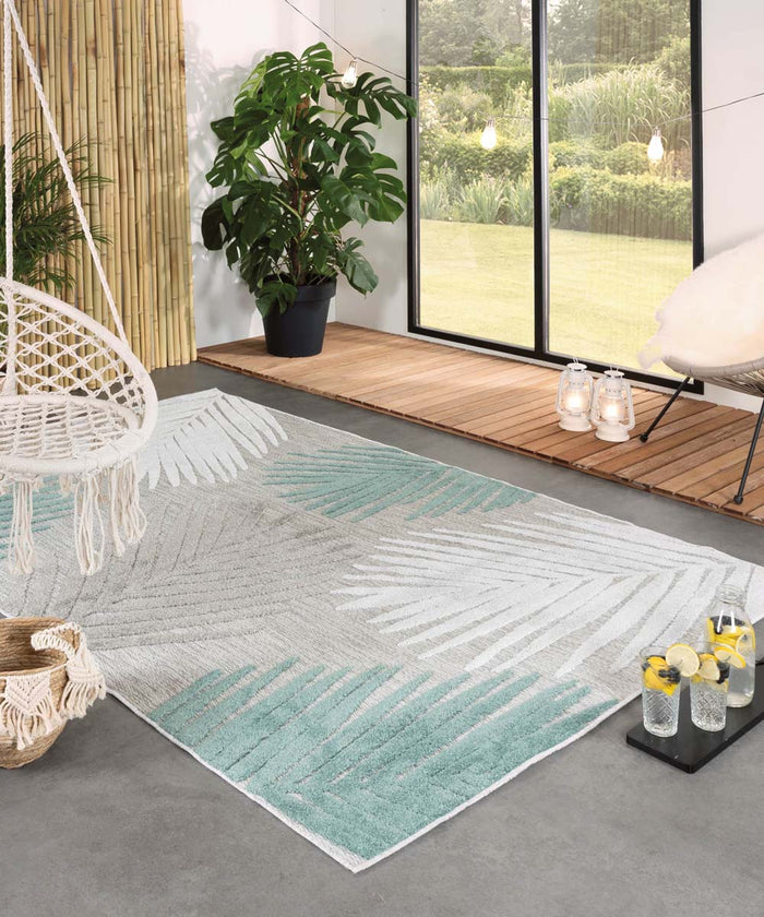 Boho&me Buitenkleed palmbladeren - Verano grijs|mint - 160x240 cm