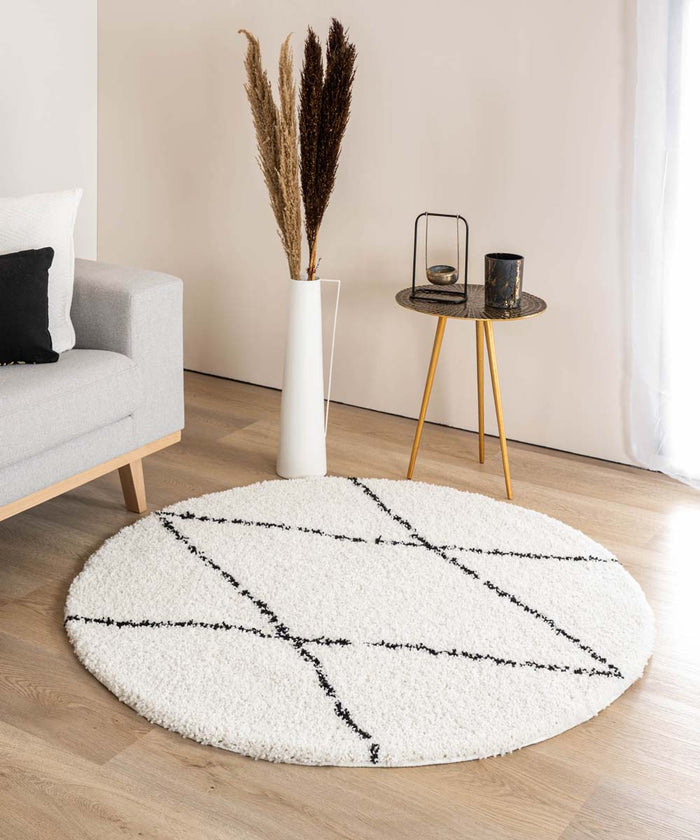 Boho&me Rond hoogpolig vloerkleed ruit Artisan - wit|zwart - 80 cm