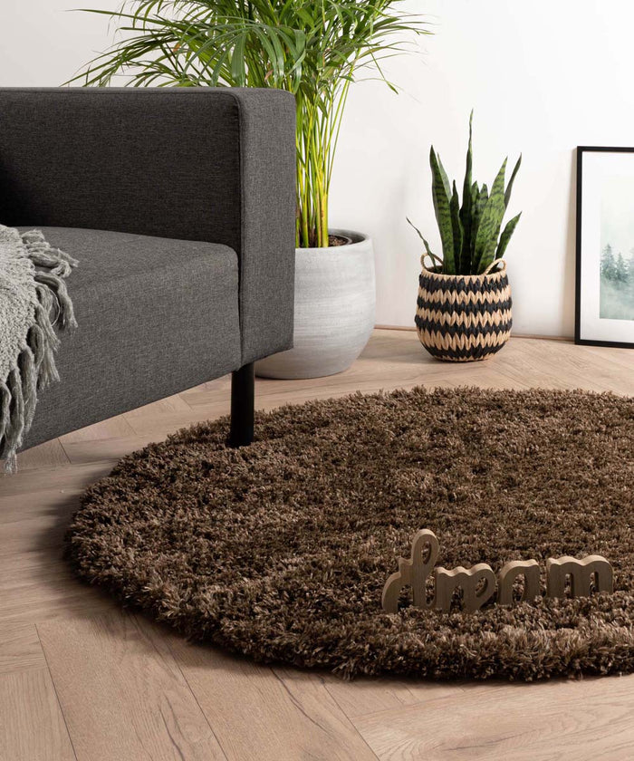 Tapeso Rond hoogpolig vloerkleed - Cozy Shaggy - bruin - 80 cm