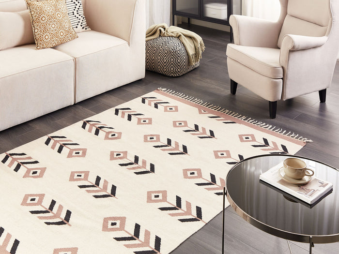 Beliani - NIAVAN - Vloerkleed - Beige|zwart - 140 x 200 cm - Katoen