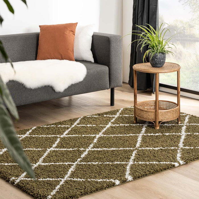 Boho&me Hoogpolig vloerkleed ruiten Habitat - olijfgroen|wit - 80x150