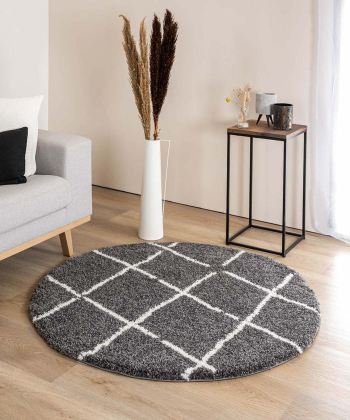 Boho&me Rond hoogpolig vloerkleed ruiten Artisan - grijs|wit - 300 cm