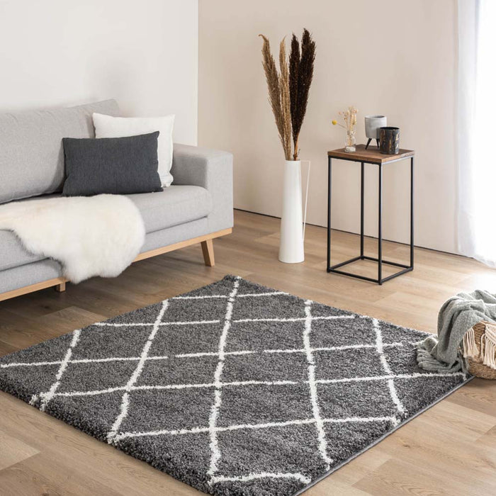 Boho&me Vierkant hoogpolig vloerkleed ruiten Artisan - grijs|wit -