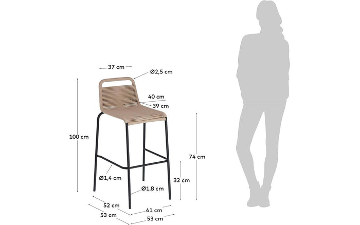 Kave Home - Lambton kruk in bruin touw en staal met zwarte afwerking