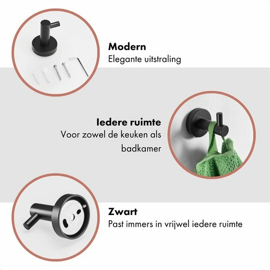 QUVIO Handdoekhouder staal haakje - Zwart - Set van 2