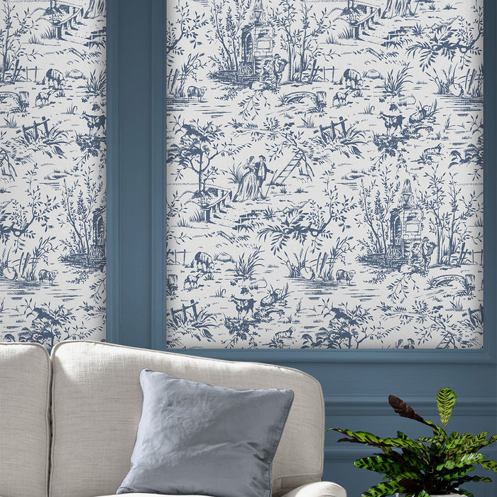 Laura Ashley Toile de Jouy Behang - Dieren - 10mx52cm - Blauw