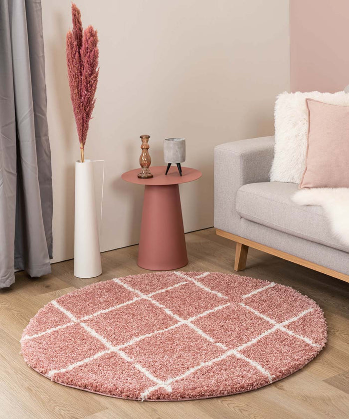 Boho&me Rond hoogpolig vloerkleed ruiten Artisan - roze|wit - 200 cm