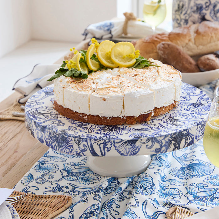 Riviera Maison Taartplateau op voet Blauw|wit - Amalfi - Aardewerk