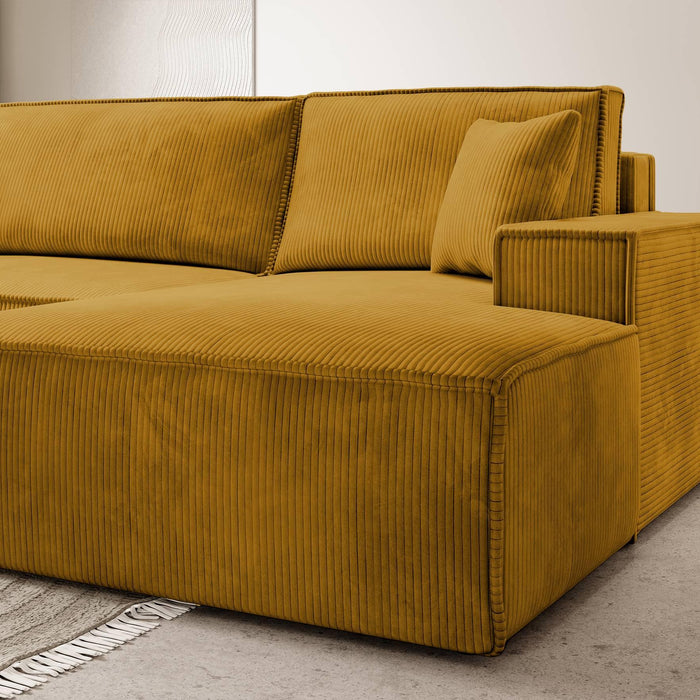 NADUVI Collection Galine Hoekbank met Chaise Longue Rechts met Slaapfunctie - Ribstof - Mosterdgeel