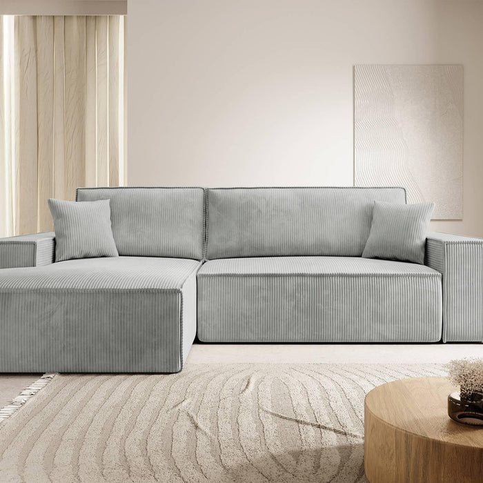 NADUVI Collection Galine Hoekbank met Chaise Longue Links met Slaapfunctie - Ribstof - Lichtgrijs