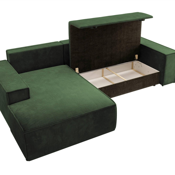 NADUVI Collection Galine Hoekbank met Chaise Longue Links met Slaapfunctie - Ribstof - Donkergroen