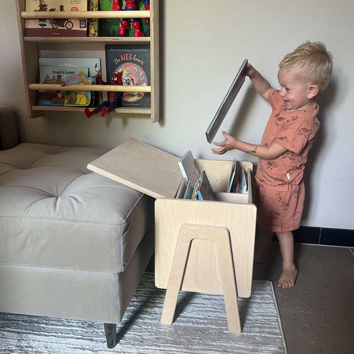 Montessori opbergkist kinderkamer | Houten boekenkist met klep - blank