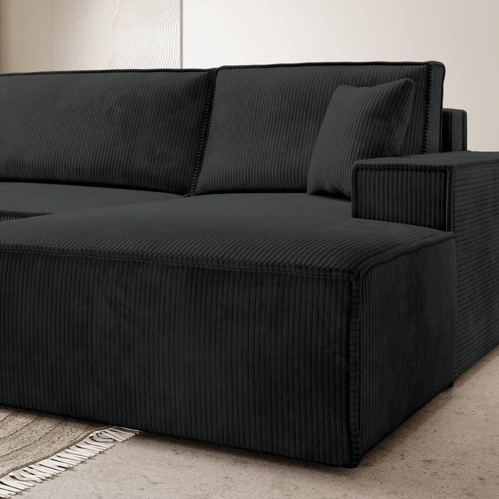 NADUVI Collection Galine Hoekbank met Chaise Longue Rechts met Slaapfunctie - Ribstof - Zwart