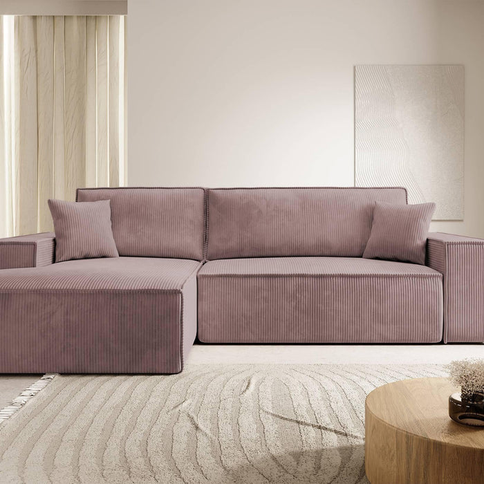 NADUVI Collection Galine Hoekbank met Chaise Longue Links met Slaapfunctie - Ribstof - Roze