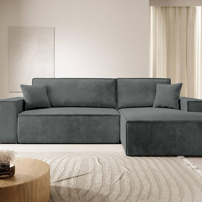 NADUVI Collection Galine Hoekbank met Chaise Longue Rechts met Slaapfunctie - Ribstof - Donkergrijs