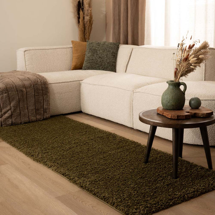 Tapeso Hoogpolige loper shaggy Trend effen - olijfgroen - 80x250 cm