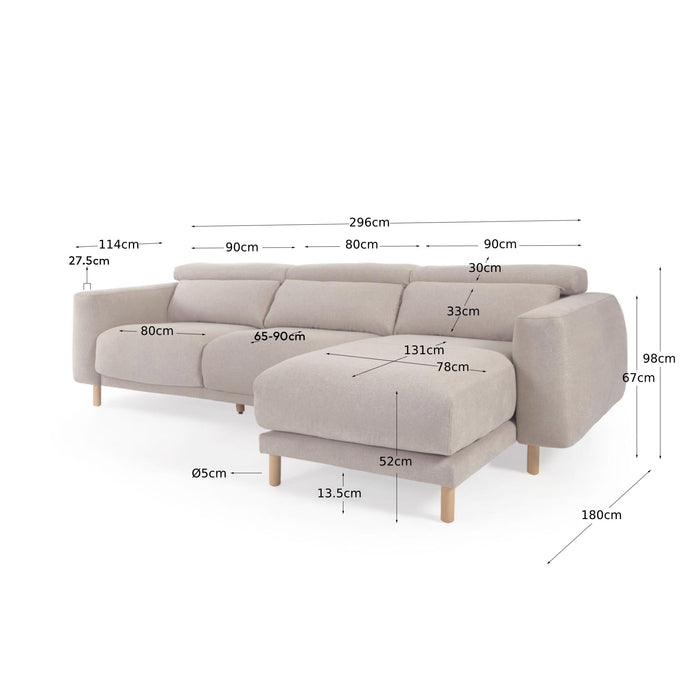 Kave Home - Singa 3-zitsbank met chaise longue rechts, verstelbare