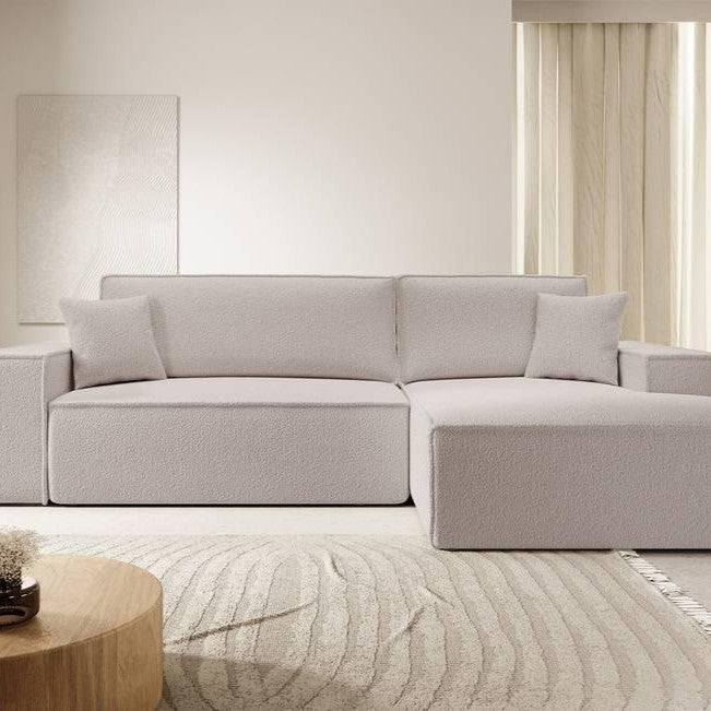 NADUVI Collection Galine Hoekbank met Chaise Longue Rechts met Slaapfunctie - Bouclé - Crème