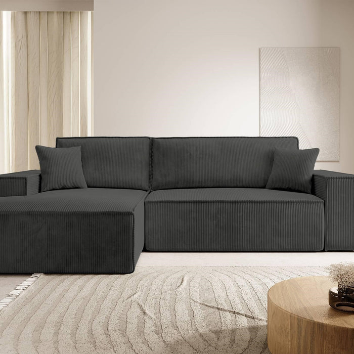 NADUVI Collection Galine Hoekbank met Chaise Longue Links met Slaapfunctie - Ribstof - Antraciet