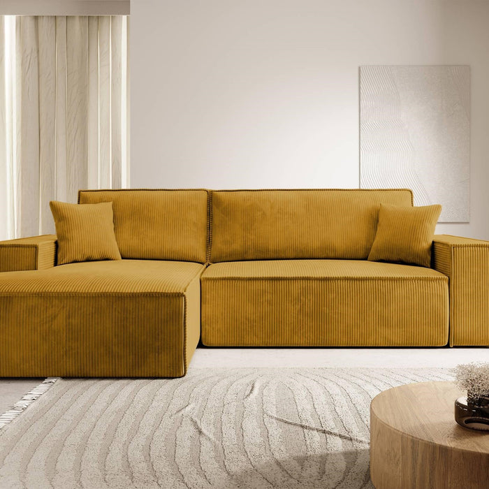 NADUVI Collection Galine Hoekbank met Chaise Longue Links met Slaapfunctie - Ribstof - Mosterdgeel