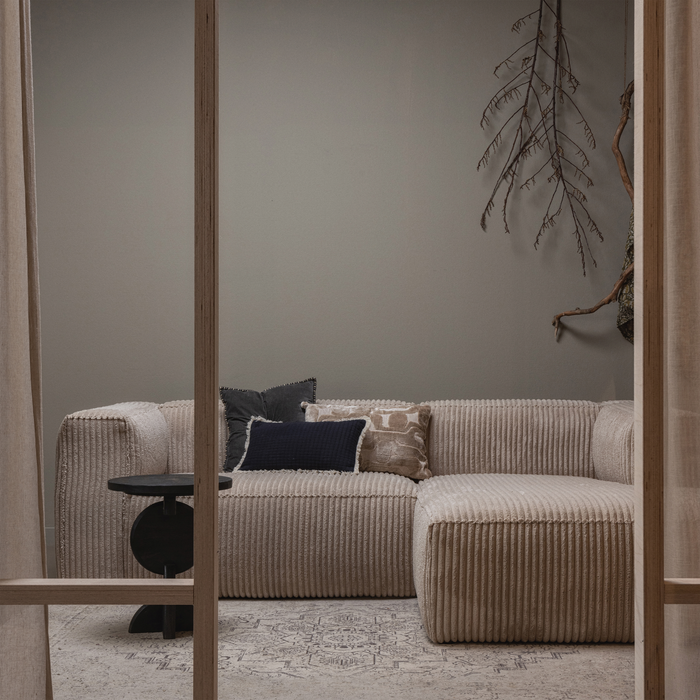 WOOOD Bean Hoekbank met Chaise Longue Rechts - Ribstof - Travertin