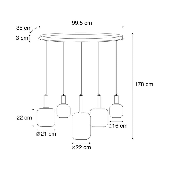 QAZQA Hanglamp zwart met goud en smoke glas ovaal 5-lichts - Zuzanna