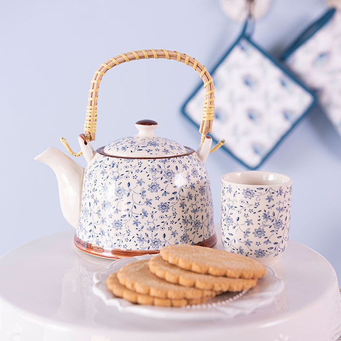 Clayre & Eef Theepot met Filter 700 ml Blauw Keramiek Bloemen