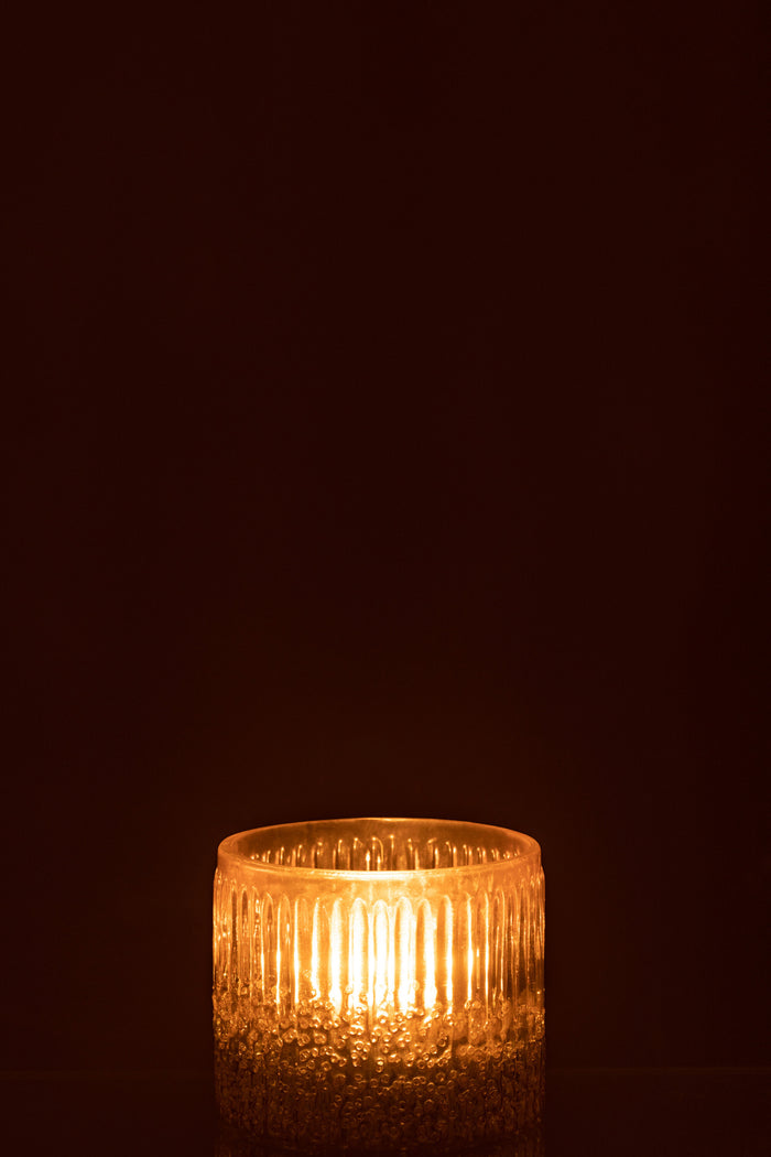 J-Line windlicht Geribbeld - glas - roze - small - 2 stuks