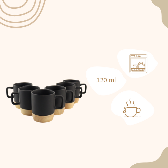 OTIX Espresso Kopjes Zwart Koffiekopjes Set van 6 120ml met Bamboe...
